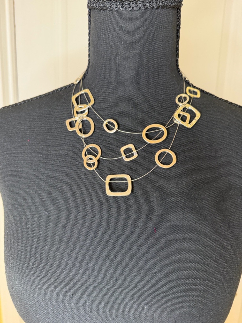 Layered Geometric Silver Necklace - Modern Multi-Row Pendant